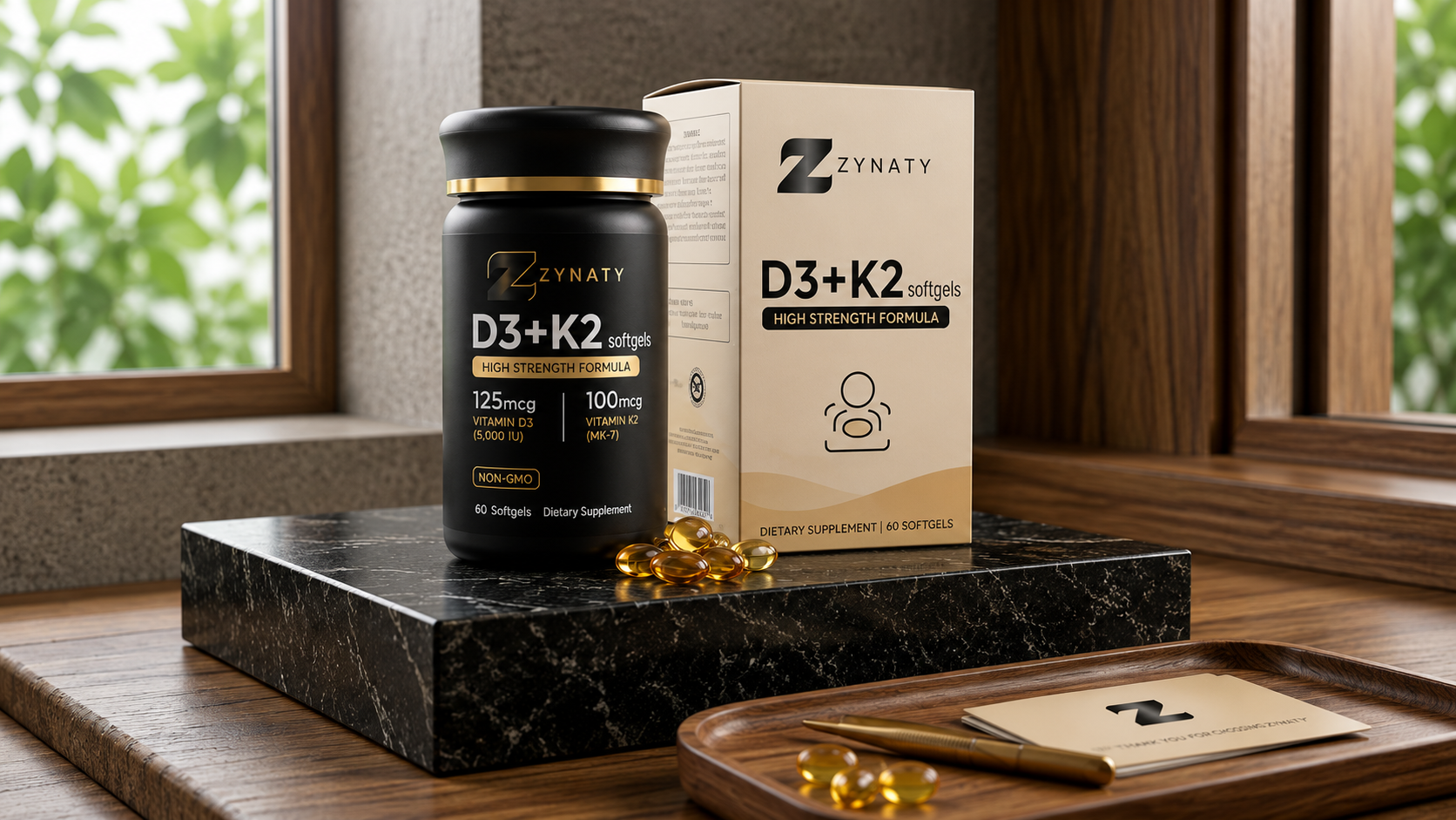 Woman holding Zynaty D3+K2 supplement